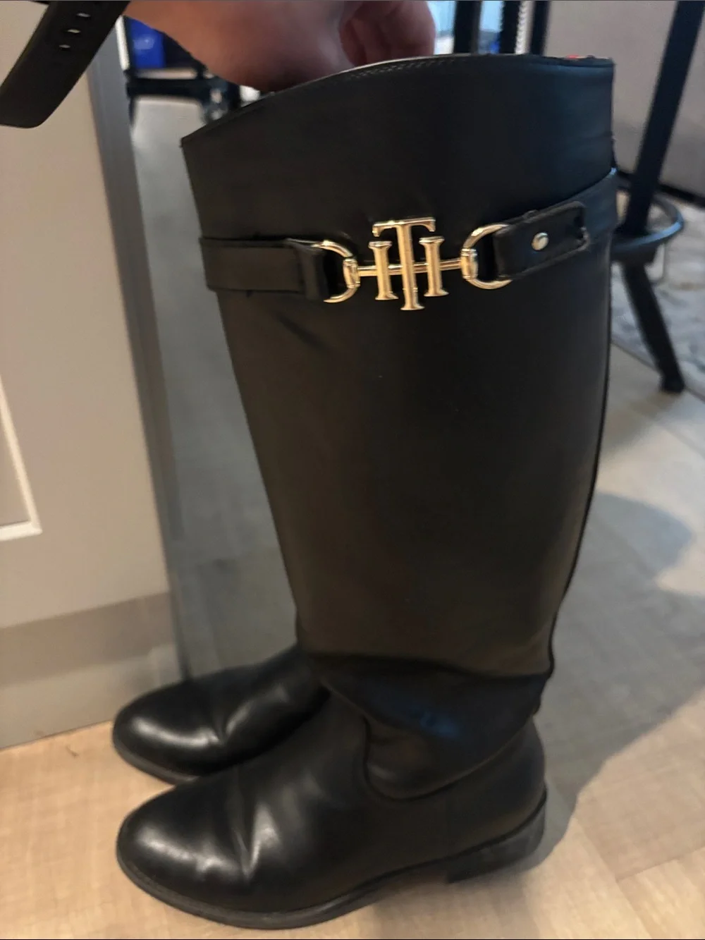 Tommy Hilfiger Black Over-the-Knee Leather Riding Boots with Gold Buckle